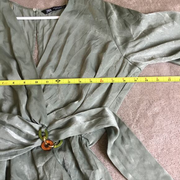 ZARA Satin Wide Sleeve Overlap Belt Detail Stretch Waist Romper in Green Sz M - Picture 6 of 8